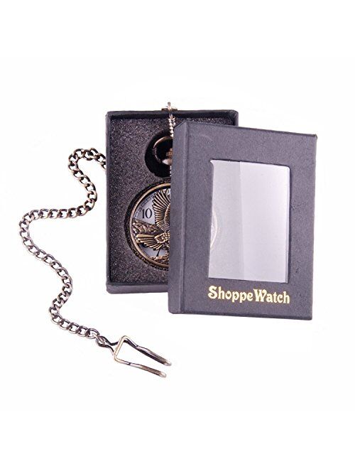ShoppeWatch Eagle Pocket Watch and Chain Quartz Movement Arabic Numerals Half Hunter Vintage Design PW-65