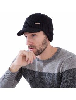 Winter Beanie w/Visor & Earflaps for Men Outdoor Fleece Hat Scarf Set