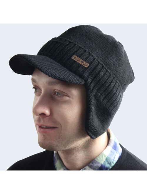 Winter Beanie w/Visor & Earflaps for Men Outdoor Fleece Hat Scarf Set