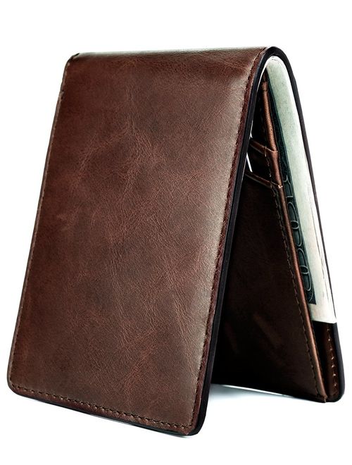 Men's Slim Leather Wallet Small Billfold Front Pocket Wallet with RFID Blocking ID window