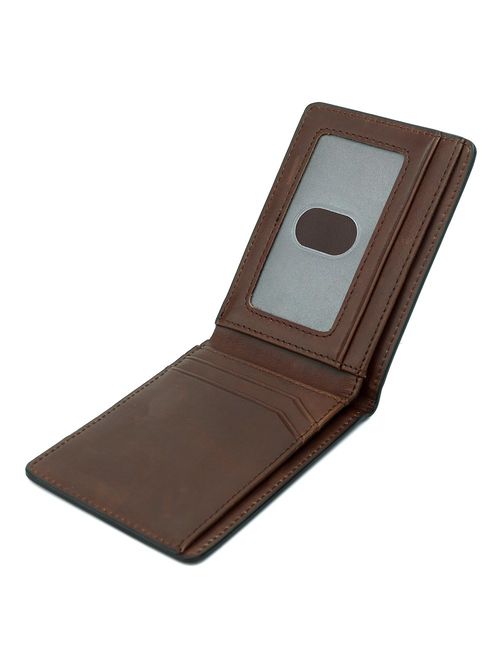 Men's Slim Leather Wallet Small Billfold Front Pocket Wallet with RFID Blocking ID window