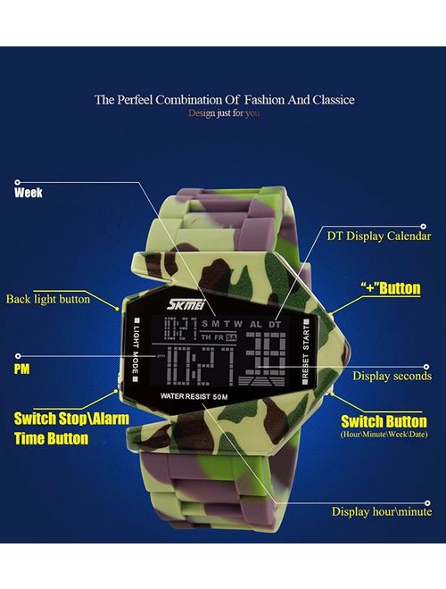 Gosasa Men Sports Military Watches Digital Airplane Shaped LED Colorful Light Watches
