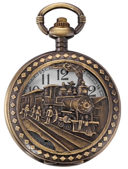 AMPM24 Skeleton Men's Steam Train Copper Dangle Quartz Pocket Watch WPK100