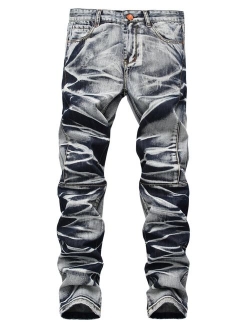 FEESON Men's Stylish Camo Straight Fit Stitching Moto Biker Blue Jeans