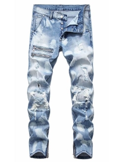 FEESON Men's Stylish Camo Straight Fit Stitching Moto Biker Blue Jeans