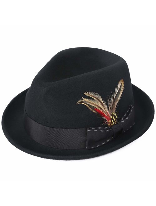 Janetshats Unisex Classic Fedora Hats Wool Felt Trilby Hat with Bowknot Feather