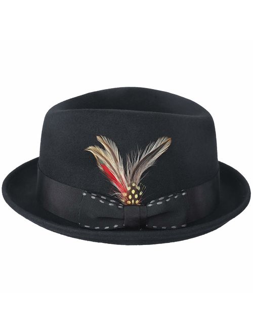 Janetshats Unisex Classic Fedora Hats Wool Felt Trilby Hat with Bowknot Feather
