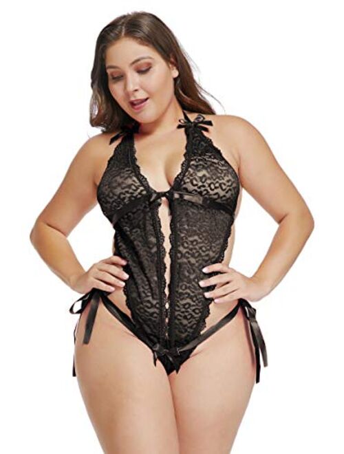 Womens Sexy Deep V Halter Lace Teddy, Cute Bowknot Mini One Piece Lingerie Plus Size