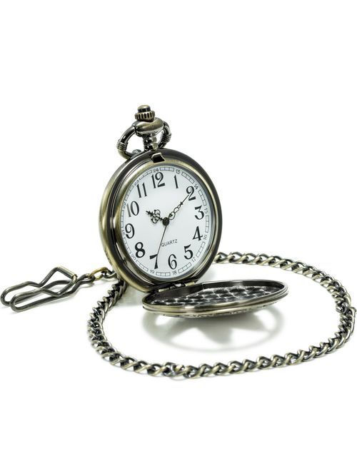SEWOR Retro Quartz Pocket Watch White Dial Bronze Case with Two Chains Leather & Metal