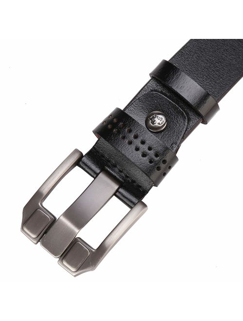 BISON DENIM Men's Leather Belt Genuine Leather Dress Belt Casual Fashion Single Prong Buckle Belts for Jeans