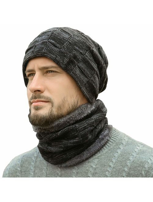 Winter Beanie Hats Scarf Set Warm Knit Hats Skull Cap Neck Warmer with Thick Fleece Lined Winter Hat & Scarf for Men Women