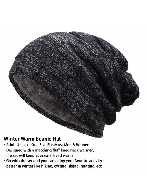 Winter Beanie Hats Scarf Set Warm Knit Hats Skull Cap Neck Warmer with Thick Fleece Lined Winter Hat & Scarf for Men Women