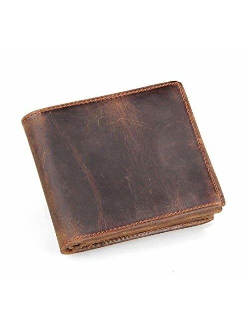 HRS Men's Genuine Leather RFID Blocking Vintage Italian Slim Bifold Handmade Wallet with ID Window and Zipper