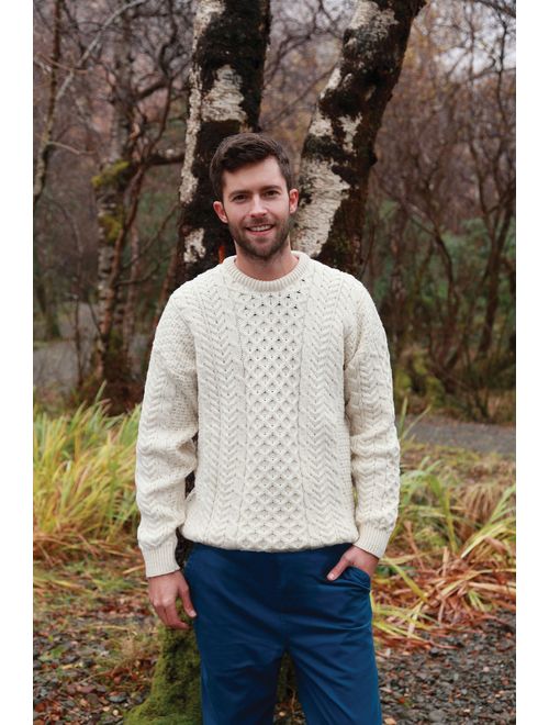 100% Irish Merino Wool Traditional Crew Neck Aran Sweater by Carraig Donn
