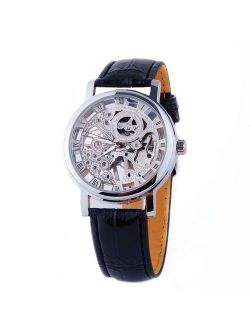 ShoppeWatch Mens Mechanical Skeleton Watch Hand Wind Up Movement Silver Dial Black Leather Strap MW-07