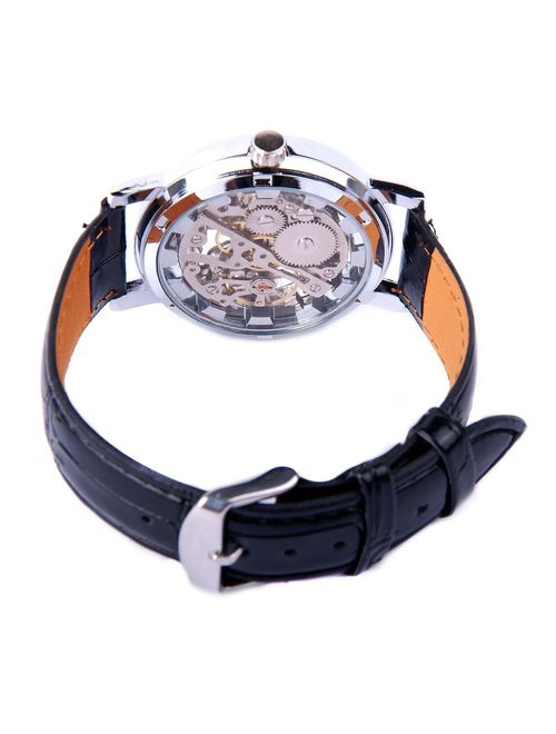 ShoppeWatch Mens Mechanical Skeleton Watch Hand Wind Up Movement Silver Dial Black Leather Strap MW-07