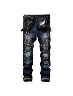 AITITIA Men's Biker Zipper Deco Washed Straight Fit Jeans