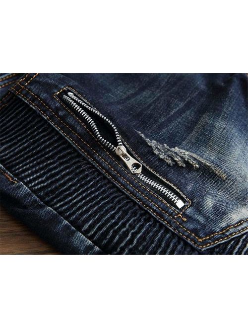 AITITIA Men's Biker Zipper Deco Washed Straight Fit Jeans