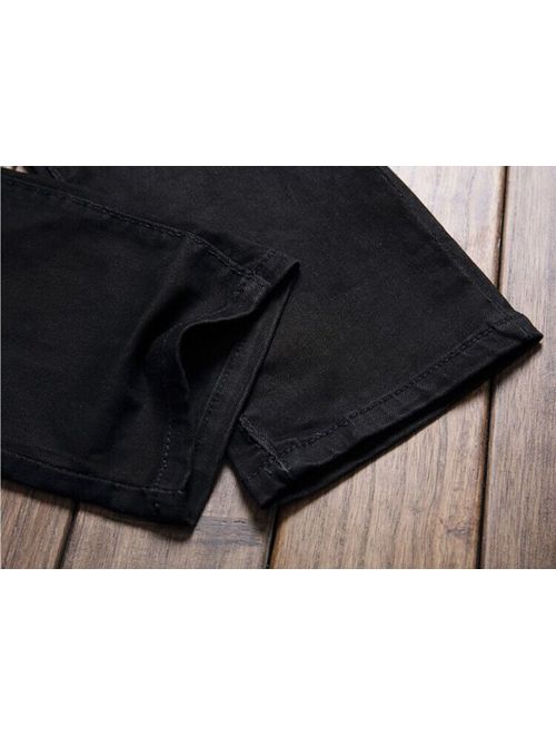 Men's Slim Fit Pencil Pants Vintage Zipper Denim Distressed Stretch Ripped Jeans