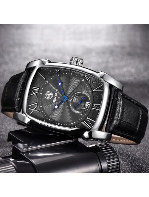 BENYAR Waterproof Classic Rectangle Case Vintage Design Watches Leather Strap Business Casual Wrist Watch for Men