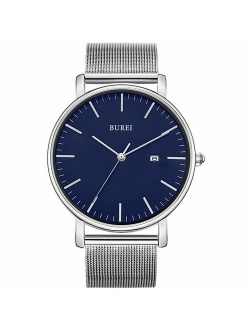 BUREI Men's Watch Ultra Thin Black Quartz Analog Wrist Watch Date Calendar Stainless Steel Mesh Band/Leather Band