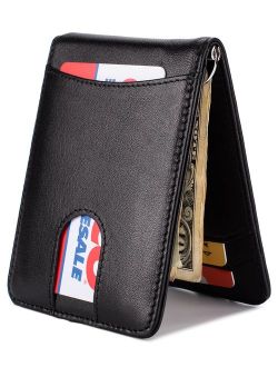 Slim Leather Front Pocket Wallet Money Clip with Pull Tab Slot and RFID Blocking