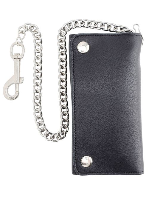 RFID Blocking Men's Tri-fold Vintage Long Style cow Leather With Chain card holder Wallet,USA