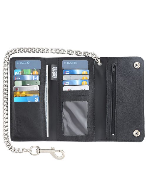 RFID Blocking Men's Tri-fold Vintage Long Style cow Leather With Chain card holder Wallet,USA