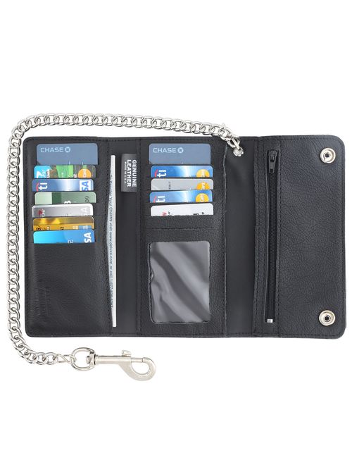 RFID Blocking Men's Tri-fold Vintage Long Style cow Leather With Chain card holder Wallet,USA