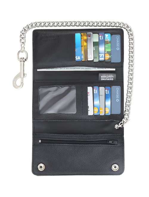 RFID Blocking Men's Tri-fold Vintage Long Style cow Leather With Chain card holder Wallet,USA