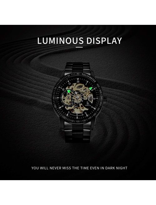 IK Men's Watch Skeleton Automatic Mechanical Wristwatch, Silver Golden Dial Tachymeter Black Stainless Steel Casual Steampunk Watch