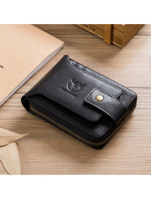 BULLCAPTAIN Genuine Leather RFID Wallet for Men Large Capacity ID Window Card Case with Zip Coin Pocket QB-231