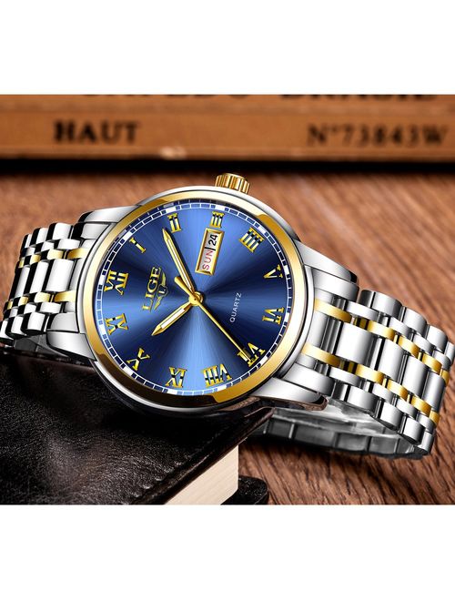LIGE Watches Mens Fashion Waterproof Stainless Steel Analogue Quartz Watch Gents Luxury Business Dress Wrist Watch for Men
