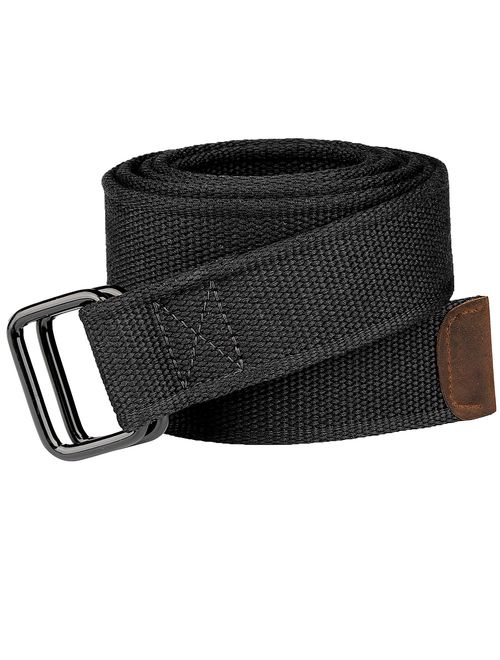 Drizzte Plus Size 39-75'' Long Double Ring Big Mens Canvas Fabric Cloth Belts Black
