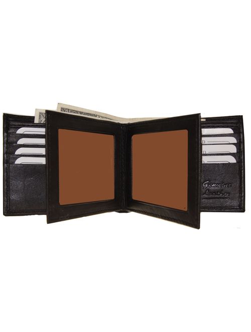 Improving Lifestyles Men's SUN 1225 BK Leather Wallet Black Bifold Fixed Flip 3 Window Id Organza Gift Bag, Black, One Size