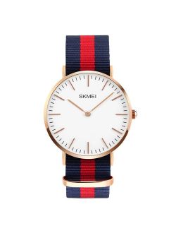 Men's Stainless Steel Classic Quartz Analog Business Wrist Watch with Thin Dial, Replaceable Multi-Color Striped Nylon Band