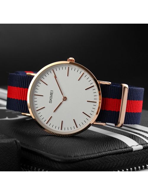 Men's Stainless Steel Classic Quartz Analog Business Wrist Watch with Thin Dial, Replaceable Multi-Color Striped Nylon Band