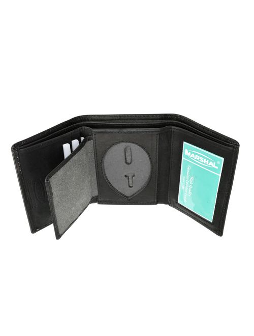 Genuine Leather Trifold Badge Holder Wallet Black, Police Badge Holder