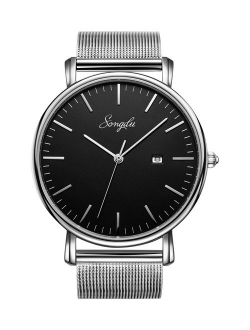 SONGDU Men's Fashion Date Slim Analog Quartz Watches with Stainless Steel Mesh Band