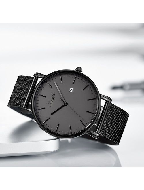 SONGDU Men's Fashion Date Slim Analog Quartz Watches with Stainless Steel Mesh Band