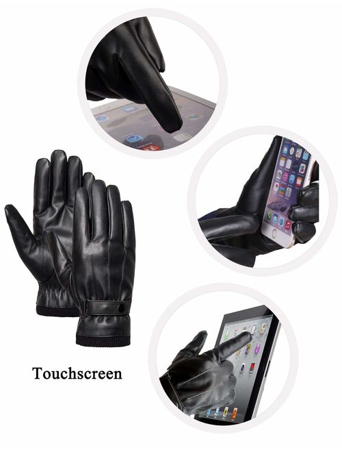 SANKUU Men's Winter Black Gloves Leather Touchscreen Snap Closure Cycling Glove Outdoor Riding Warm Waterproof Gloves