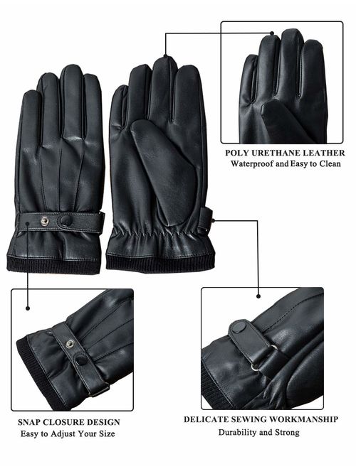 SANKUU Men's Winter Black Gloves Leather Touchscreen Snap Closure Cycling Glove Outdoor Riding Warm Waterproof Gloves
