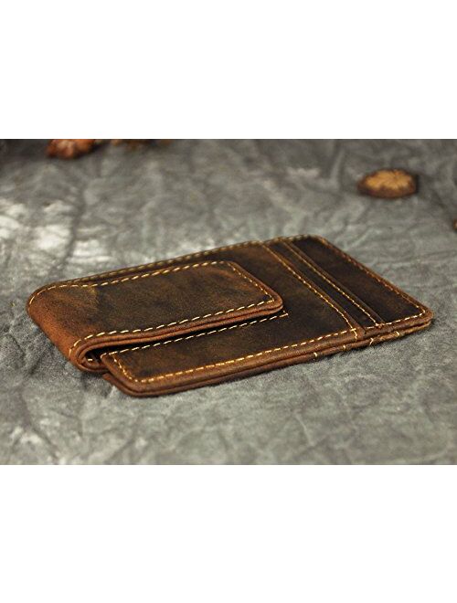 Le'aokuu Mens Genuine Leather Cowhide Magnet Money Clip Credit Case Case Holder Slim Wallet
