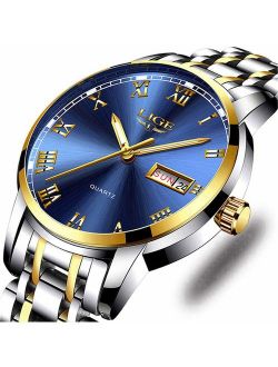 Watches,Mens Full Stainless Steel Blue Men Watch Luminous Quartz Analog Watch Fashion Casual Business Dress Wristwatch Silver Waterproof 30M Casual Clock