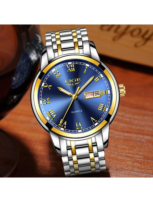 Watches,Mens Full Stainless Steel Blue Men Watch Luminous Quartz Analog Watch Fashion Casual Business Dress Wristwatch Silver Waterproof 30M Casual Clock
