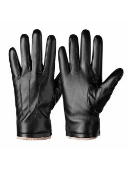 Winter PU Leather Gloves For Men, Warm Thermal Touchscreen Texting Typing Dress Driving Motorcycle Gloves With Wool Lining