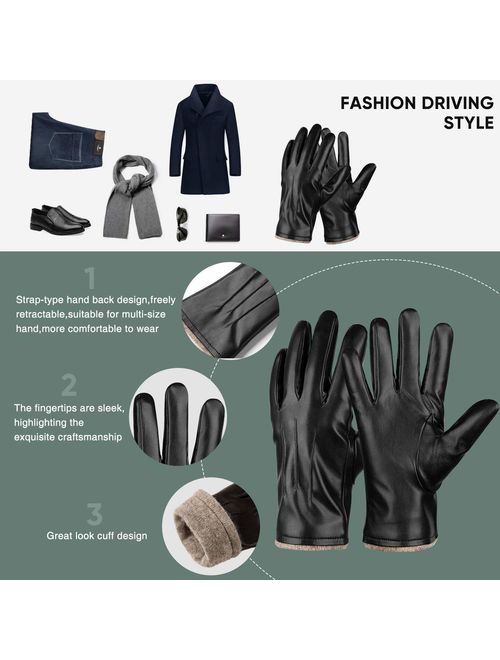 Winter PU Leather Gloves For Men, Warm Thermal Touchscreen Texting Typing Dress Driving Motorcycle Gloves With Wool Lining