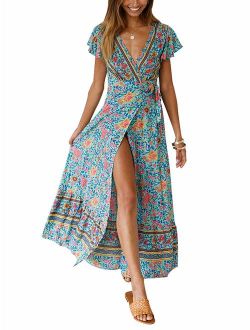 Temofon Women's Dresses Bohemian Floral Printed Summer Casual Short Sleeve Wrap V-Neck High Split Ethnic Maxi Dress