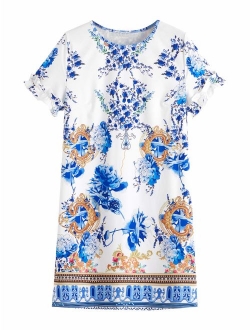Women's Palm Leaf Print Short Sleeve Summer Dress