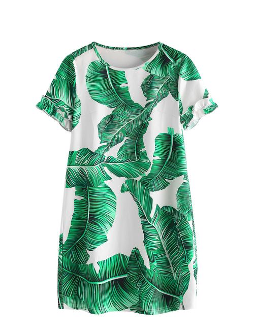 Floerns Women's Palm Leaf Print Short Sleeve Summer Dress